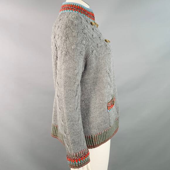 Size 12 Grey Multi Color Wool Cable Knit Bobble Leather Trim Jacket - Picture 6 of 11